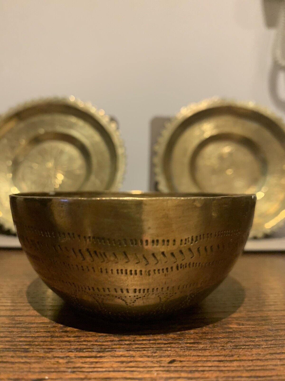 ANTIQUE HANDMADE AFRICAN BIDA NUPE TRIBE BRASS SMALL TRAYS X2 AND ONE OTHER BOWL