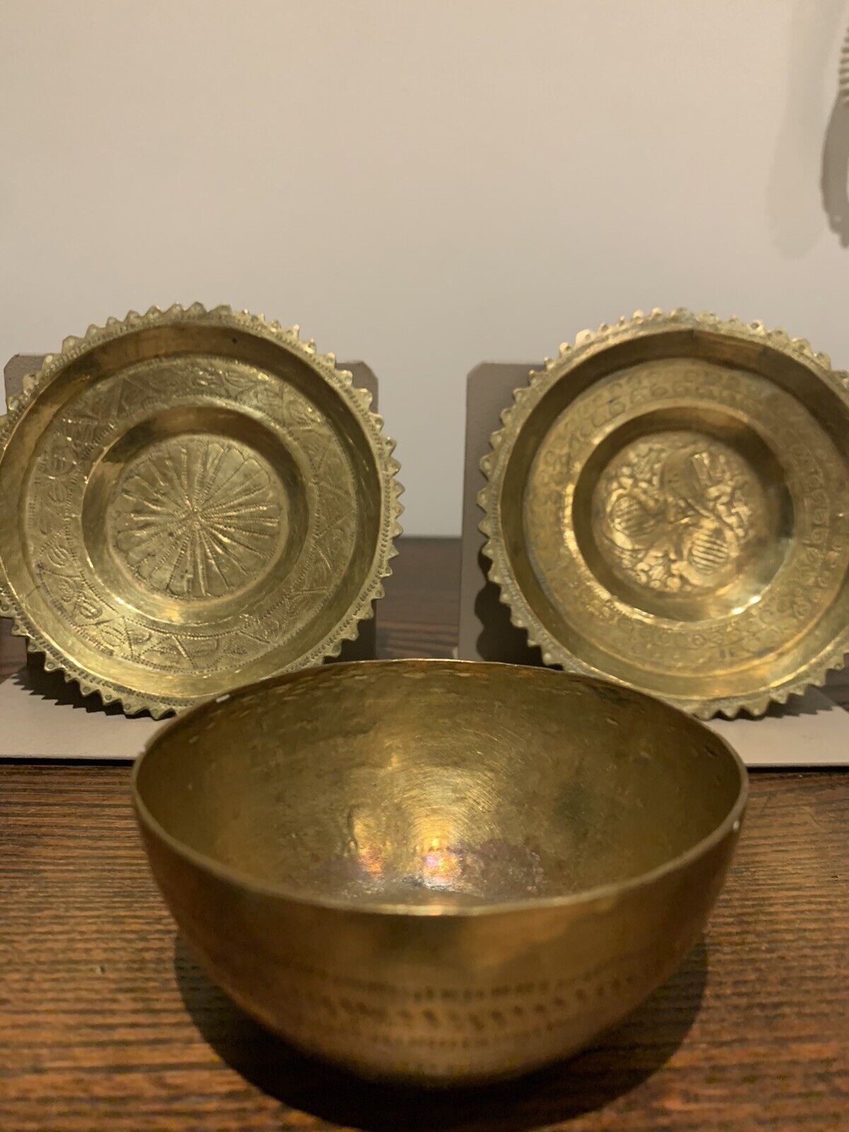 ANTIQUE HANDMADE AFRICAN BIDA NUPE TRIBE BRASS SMALL TRAYS X2 AND ONE OTHER BOWL