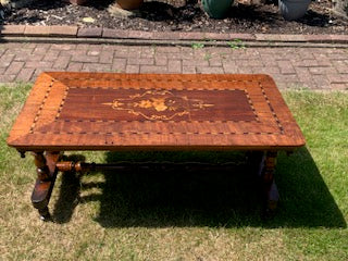 Antique 1800's Victorian Walnut Floral Inlay Stretcher Coffee Table