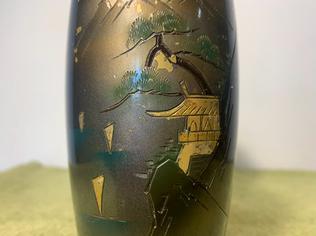 Pair of Vintage Japanese Enamelled Metal Vases Featuring Mount Fuji