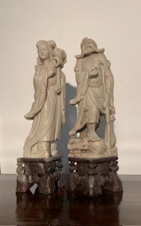 Pair of Antique Chinese Soapstone Gods - Shou Lao/Shouxing & He Xiangu