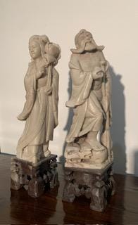 Pair of Antique Chinese Soapstone Gods - Shou Lao/Shouxing & He Xiangu