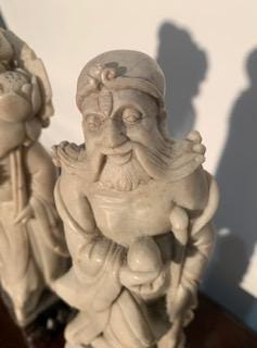 Pair of Antique Chinese Soapstone Gods - Shou Lao/Shouxing & He Xiangu