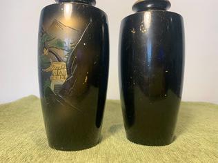 Pair of Vintage Japanese Enamelled Metal Vases Featuring Mount Fuji