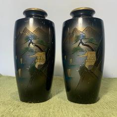 Pair of Vintage Japanese Enamelled Metal Vases Featuring Mount Fuji