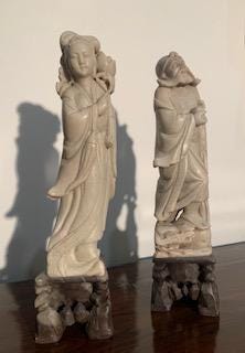 Pair of Antique Chinese Soapstone Gods - Shou Lao/Shouxing & He Xiangu