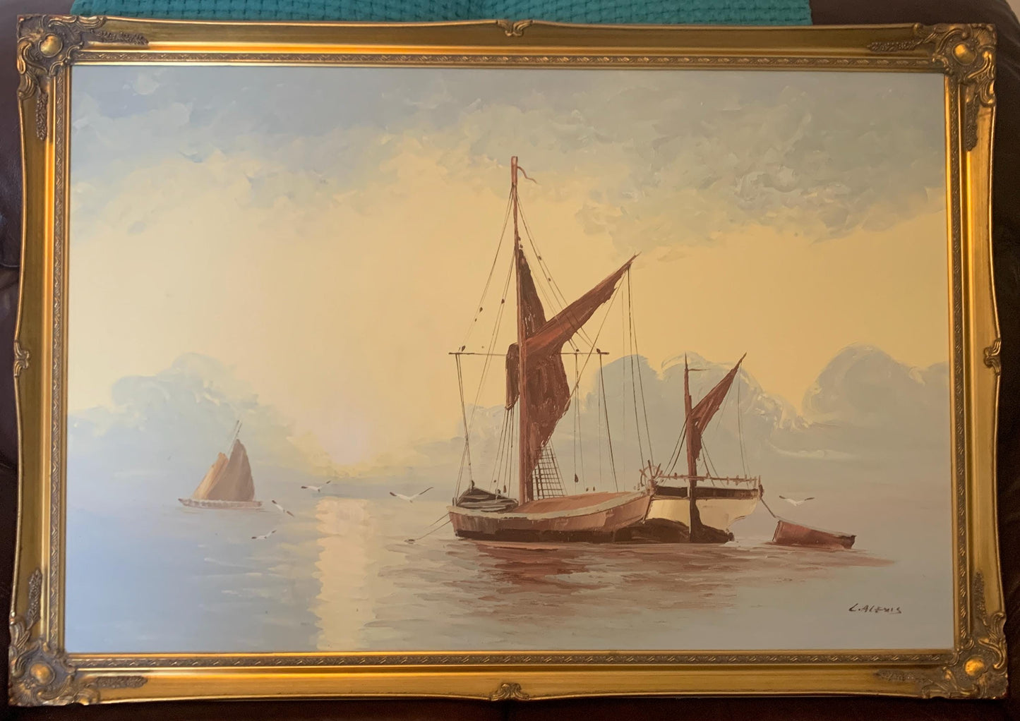 Signed & Framed Original Oil Painting - L.Alexis - Fishing Boat in Calm Waters