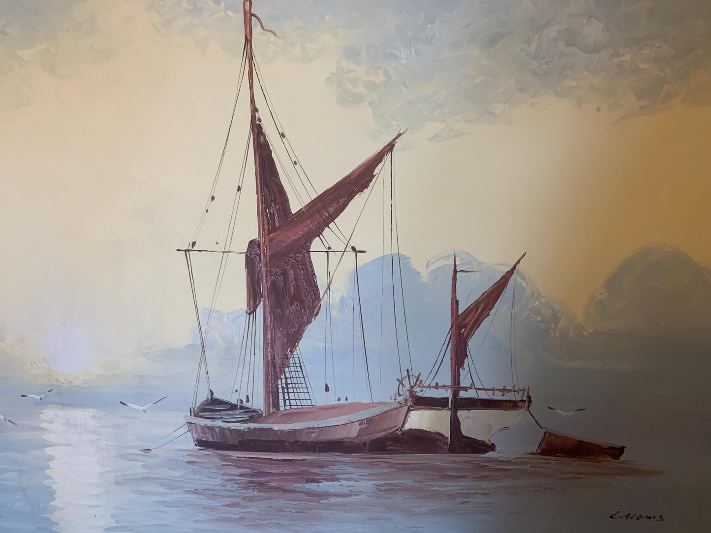 Signed & Framed Original Oil Painting - L.Alexis - Fishing Boat in Calm Waters