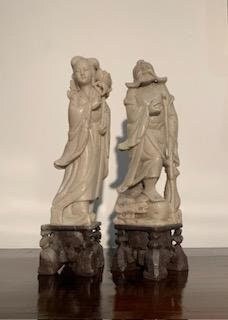 Pair of Antique Chinese Soapstone Gods - Shou Lao/Shouxing & He Xiangu