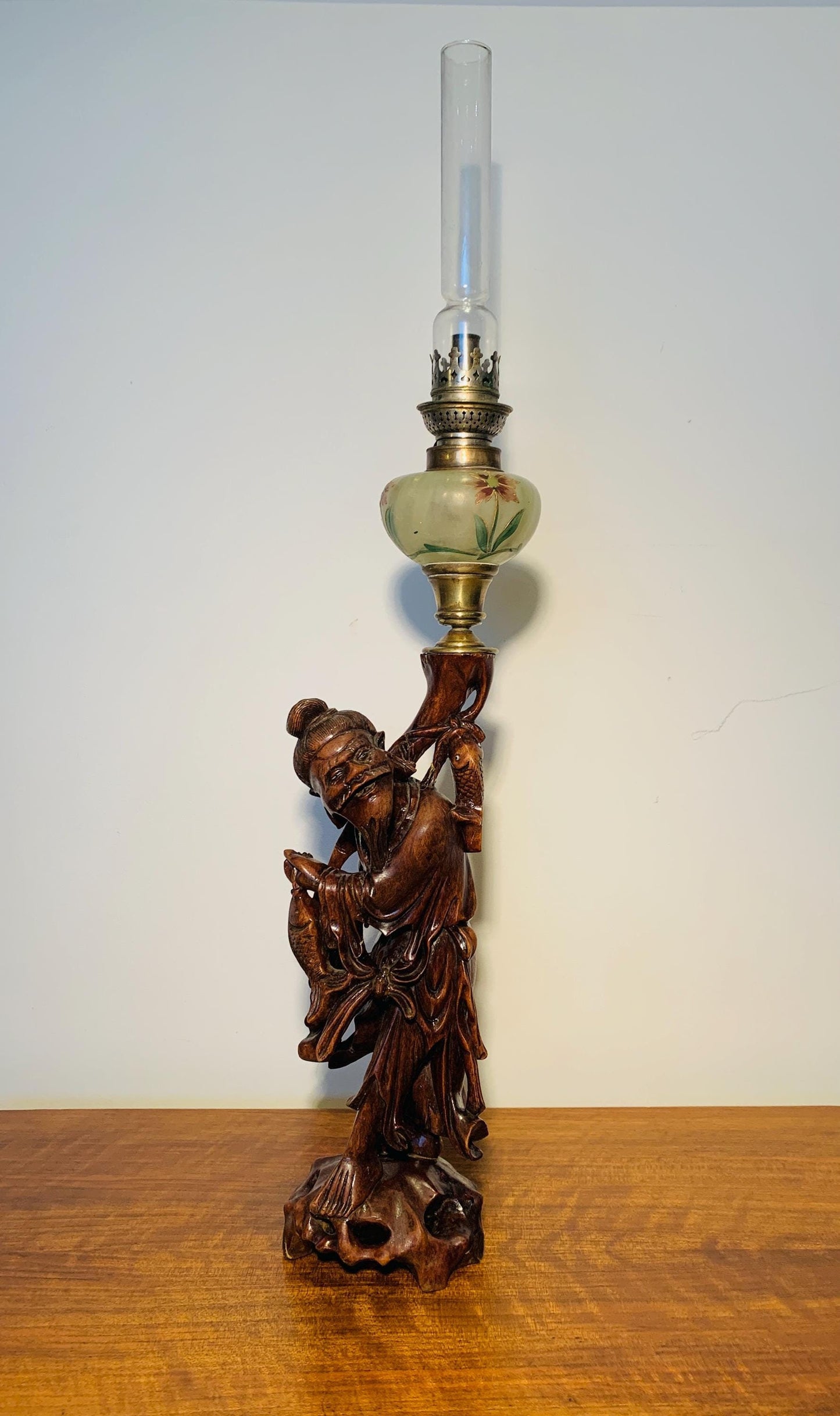 Antique Rosewood Carved Chinese Fisherman Oil Lamp - All Original and Unconverted. Circa 1880's