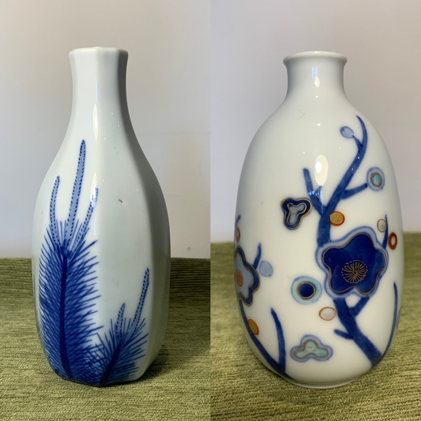 Two Vintage Hand Painted Japanese Sake Bottles, Tokkuri Porcelain Drinks Decanters.