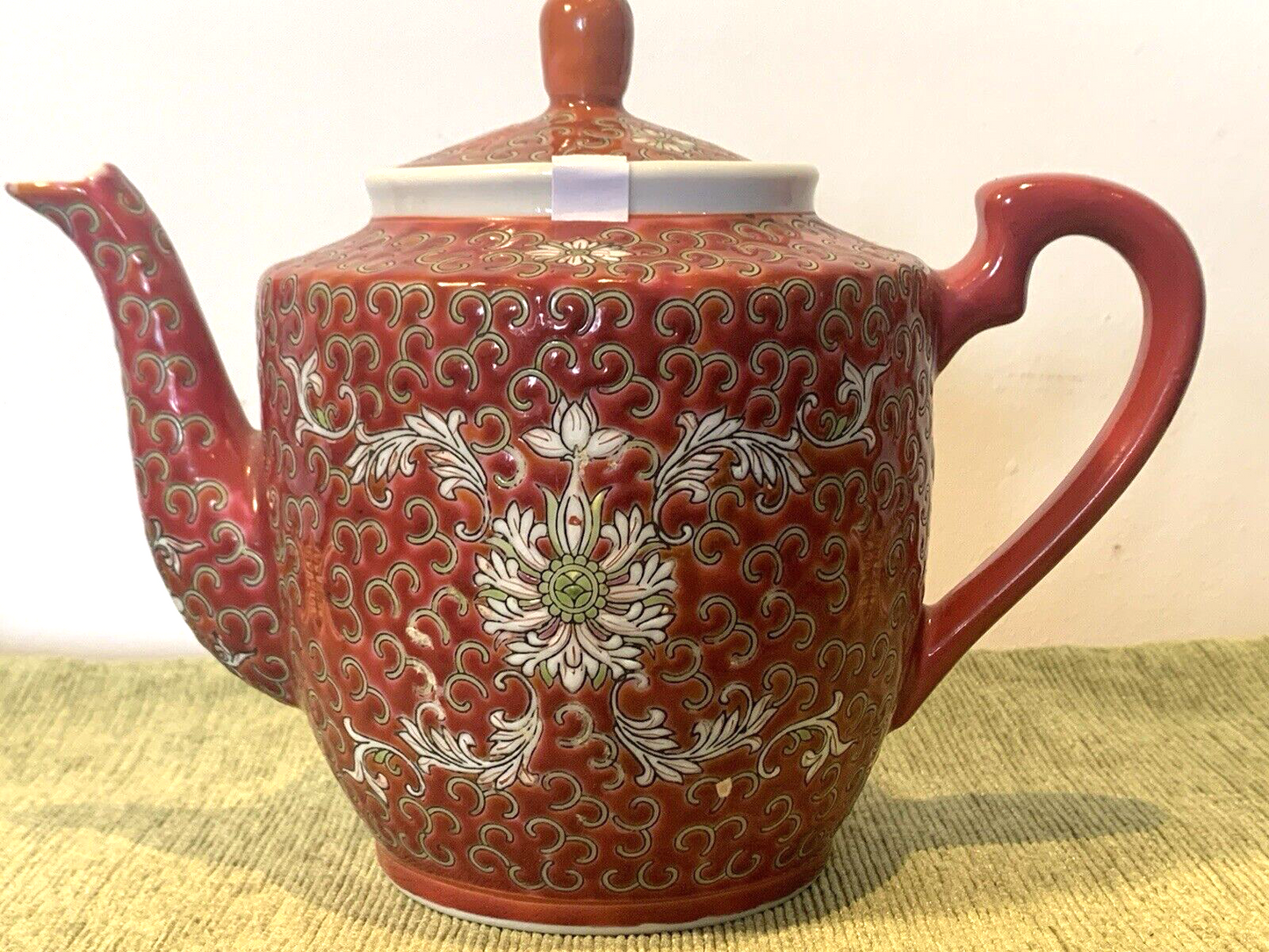 Rare Vintage Chinese Famille Rose Red  Jingdezhen Man Shou Enamelled Teapot