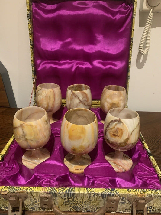 6 Vintage Onyx Marble Goblet Wine Glasses In Blue & Gold Velvet Case Box