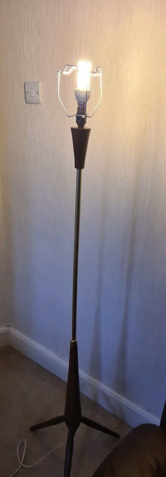 Mid Century Modern Vintage Teak & Brass Tripod Floor Lamp