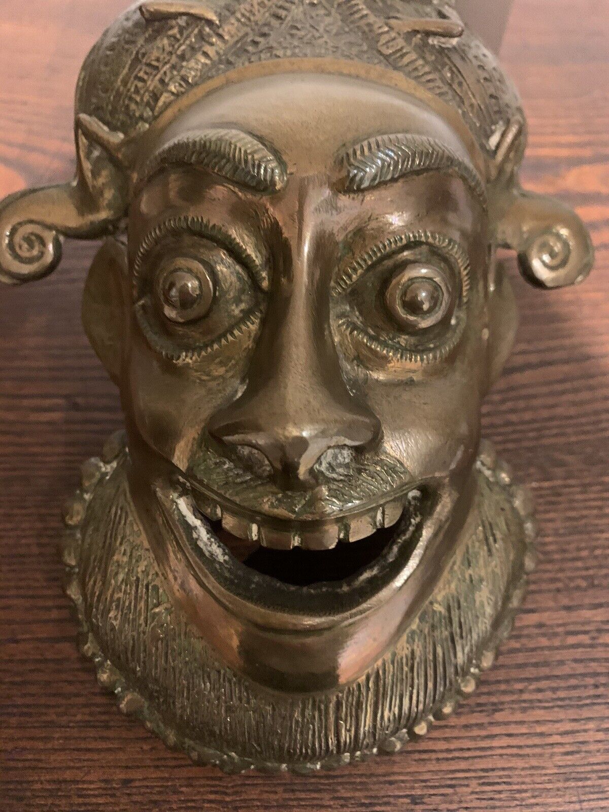 Vintage West African Nigerian Benin Brass/Bronze Mask(Monkey God?) & Tribal Bell