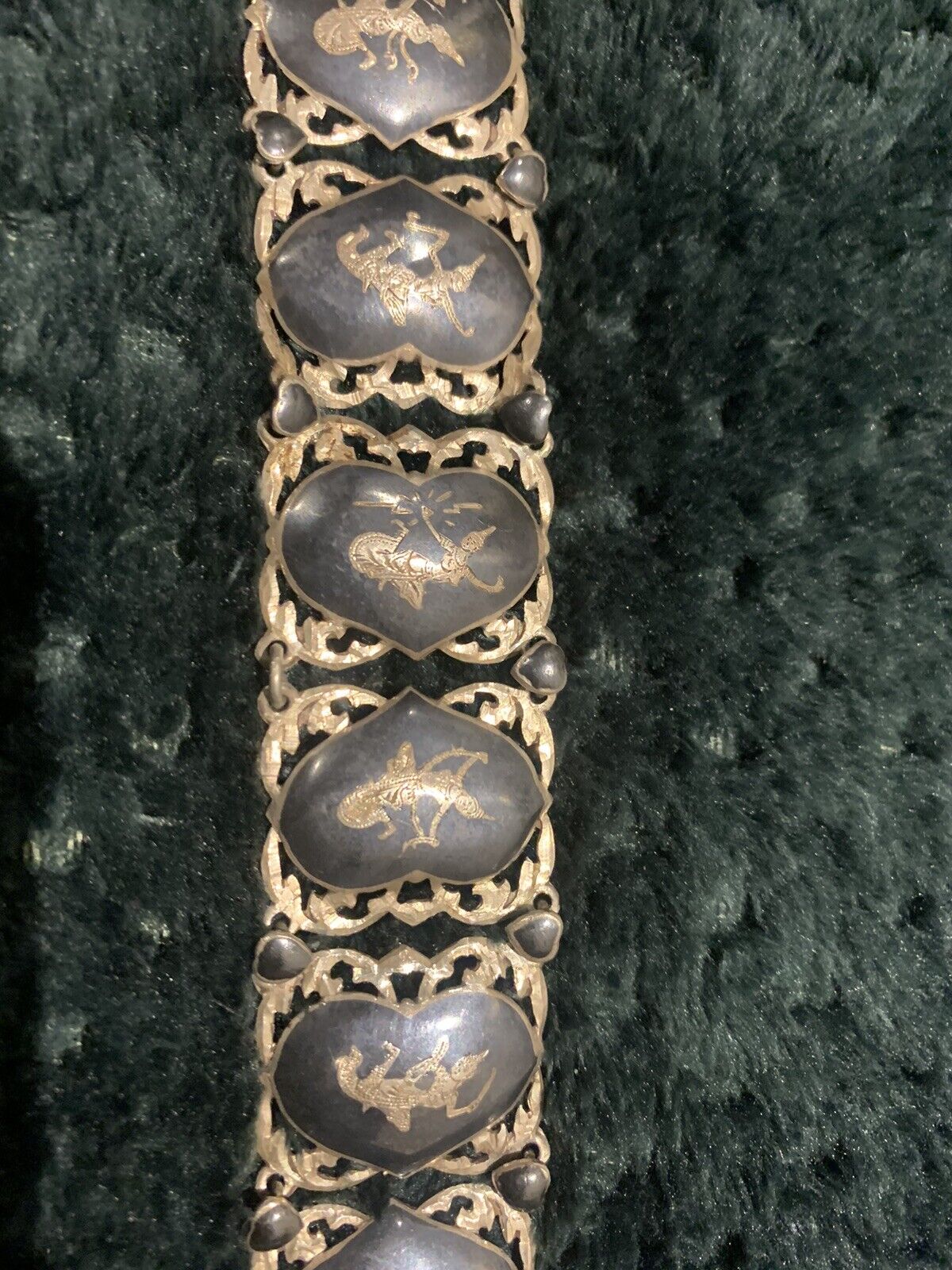 Vintage Siam (Thailand) Silver Niello Enamel Heart Bracelet