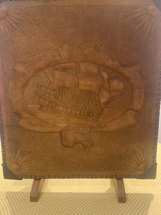 Vintage Leather Fire Screen, Handmade, depicting a ship at sail