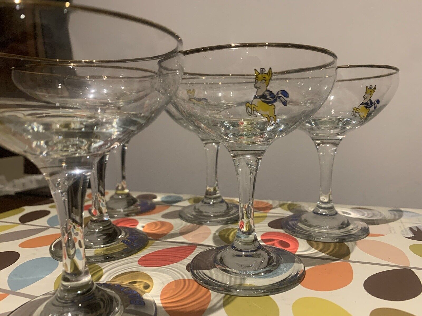 Vintage 1970's x6 Babycham Glasses Champagne Glasses with Gold Rim, Retro