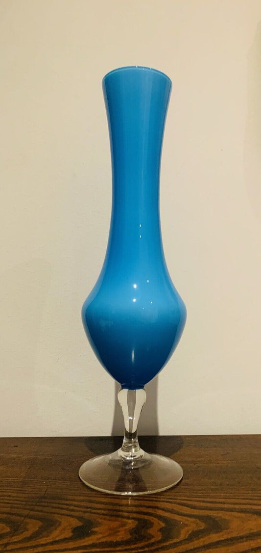 Vintage Empoli Italian Turquoise Blue Opaline  Glass Vase, Mid Century Modern 