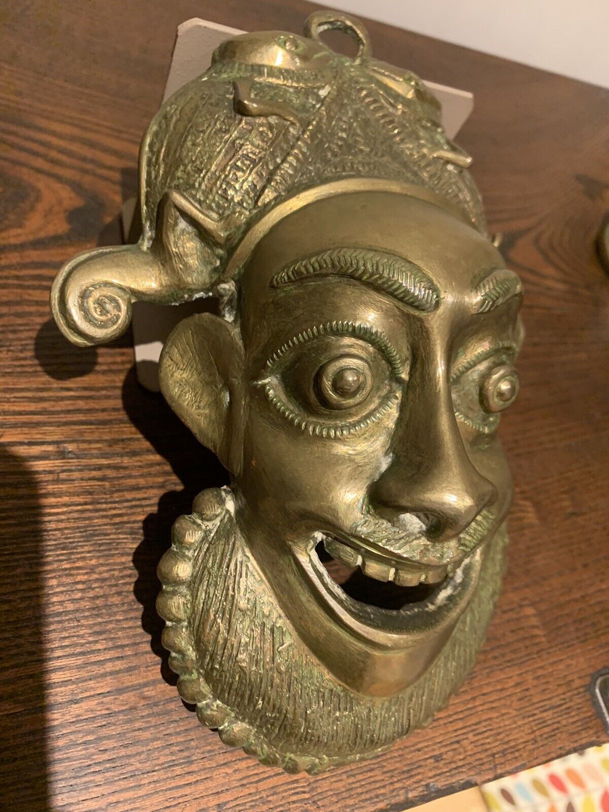 Vintage West African Nigerian Benin Brass/Bronze Mask(Monkey God?) & Tribal Bell