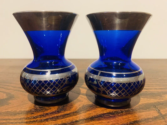 Antique Art Nouveau Victorian Cobalt Blue Glass Vases with Ornate Silver Overlay