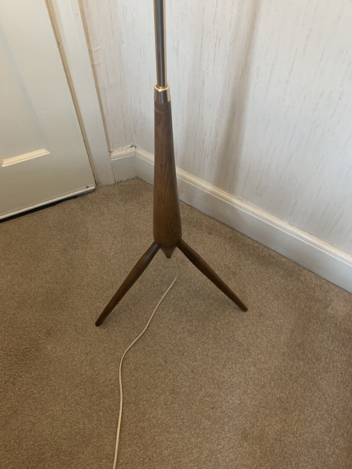 Mid Century Modern Vintage Teak & Brass Tripod Floor Lamp