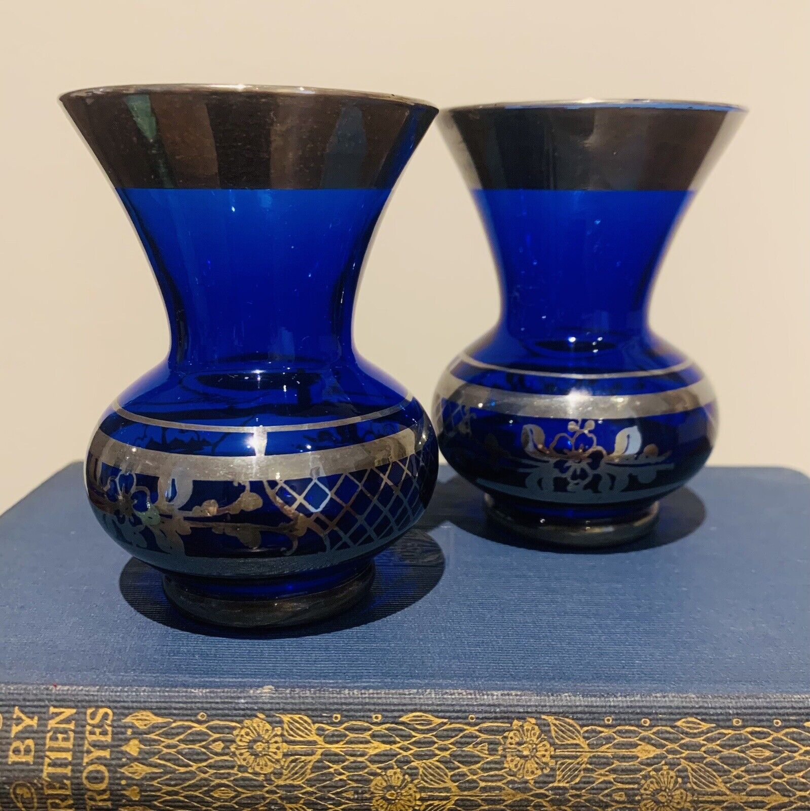 Antique Art Nouveau Victorian Cobalt Blue Glass Vases with Ornate Silver Overlay