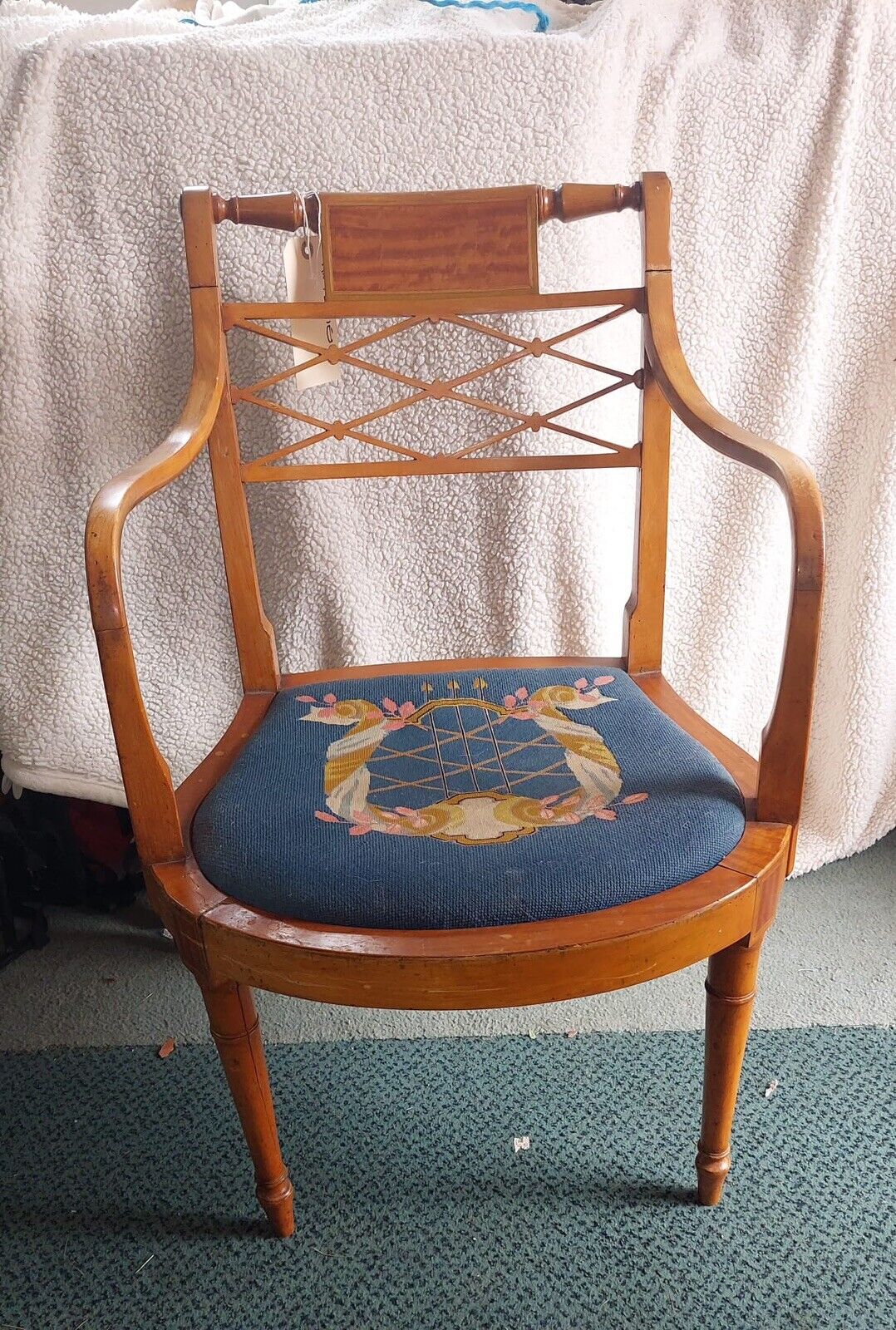 Antique Edwardian Mahogany Elbow chair, Tapestry/ Wool Seat.