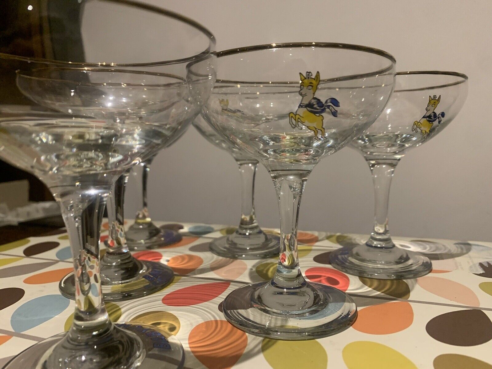 Vintage 1970's x6 Babycham Glasses Champagne Glasses with Gold Rim, Retro