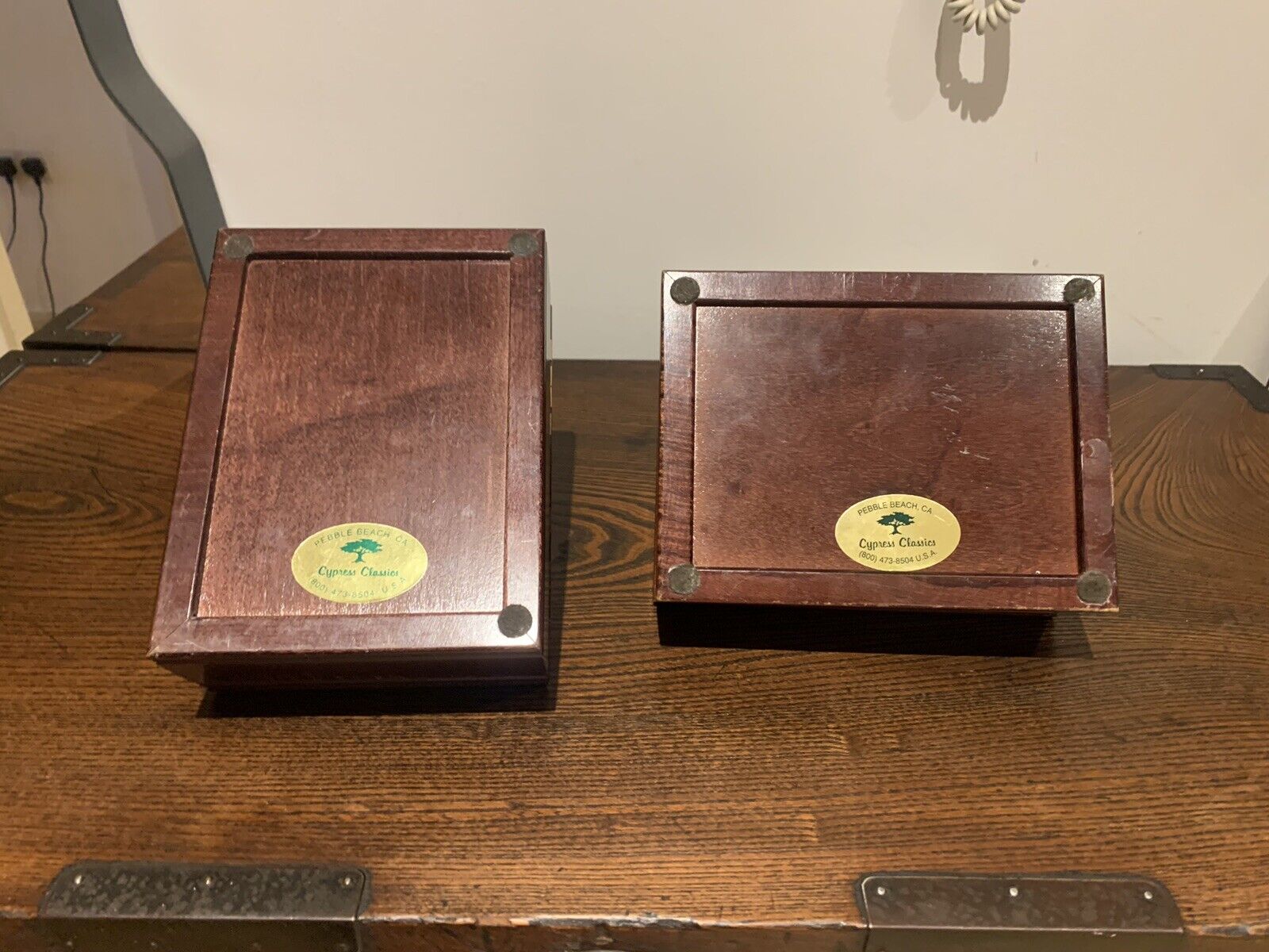 Pair of Vintage Pebble Beach Concours d'Elegance Boxes, Wood & Ceramic '95 & 96.