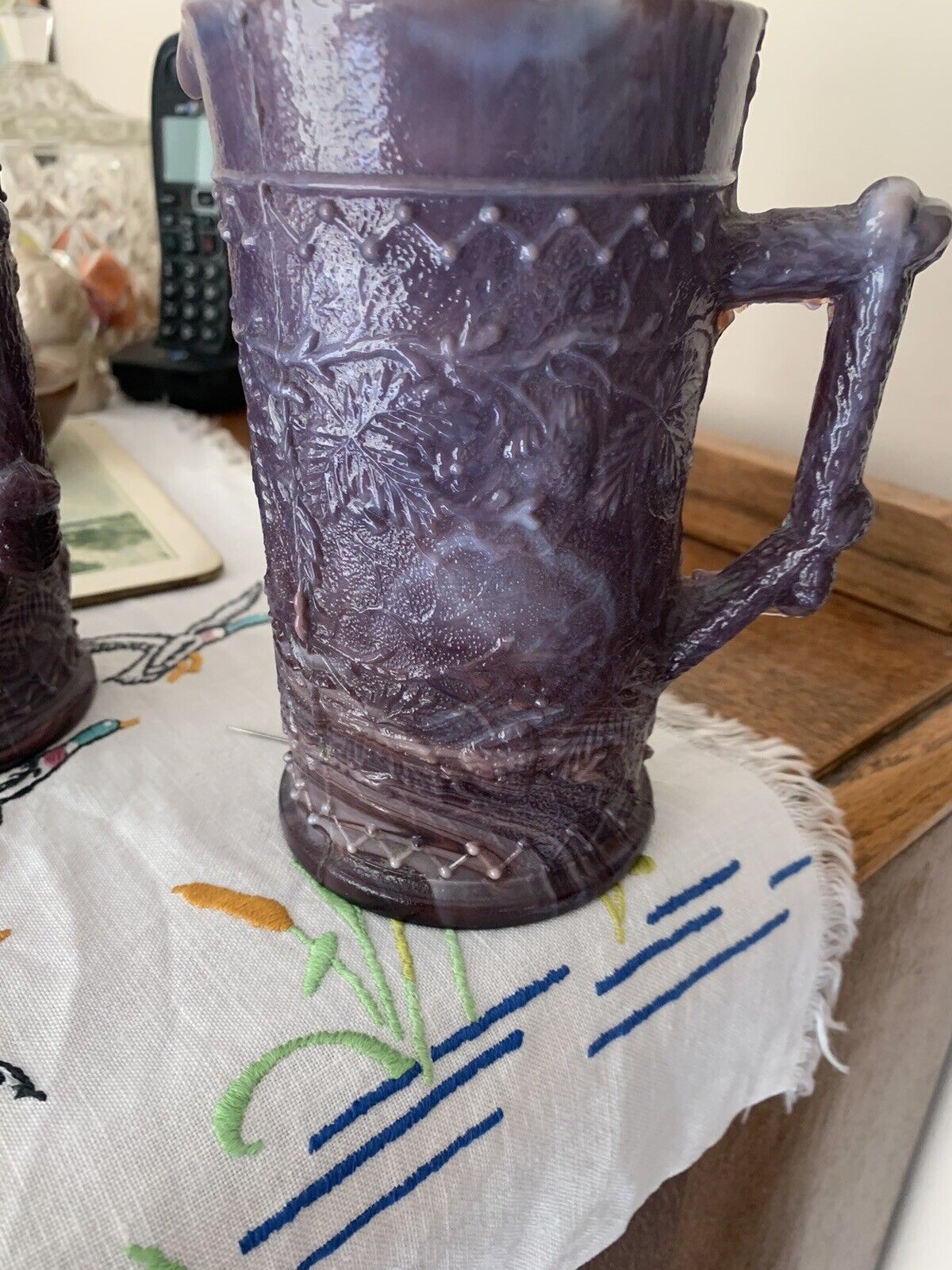 Pair of Victorian 1890's Antique Malachite/Slag Glass Jug, Purple & White