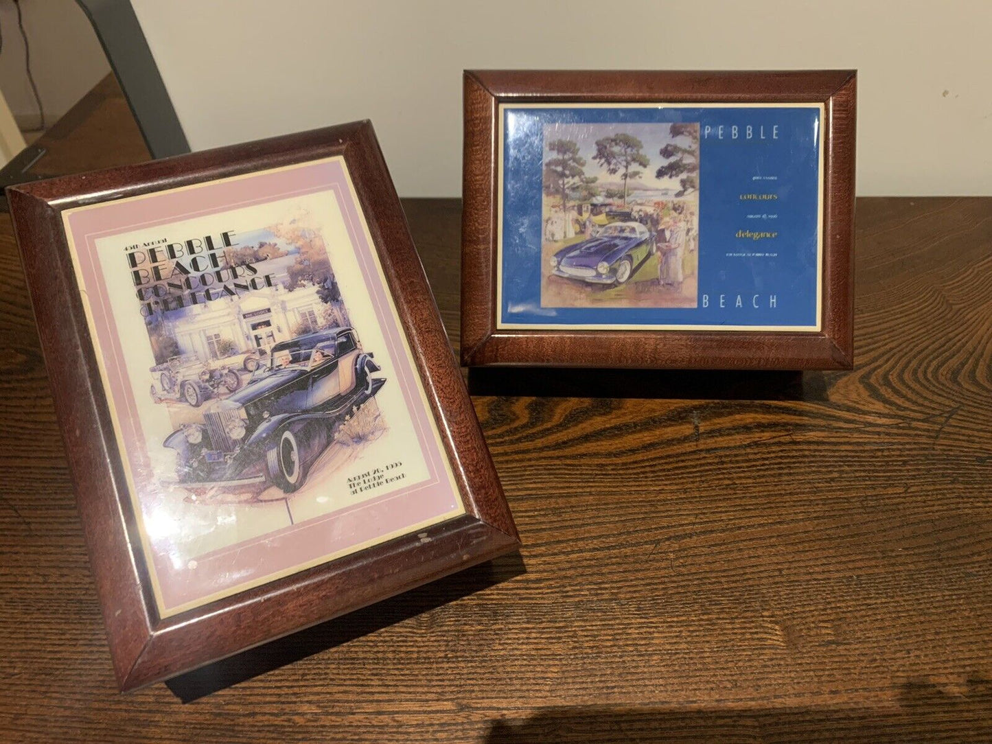 Pair of Vintage Pebble Beach Concours d'Elegance Boxes, Wood & Ceramic '95 & 96.