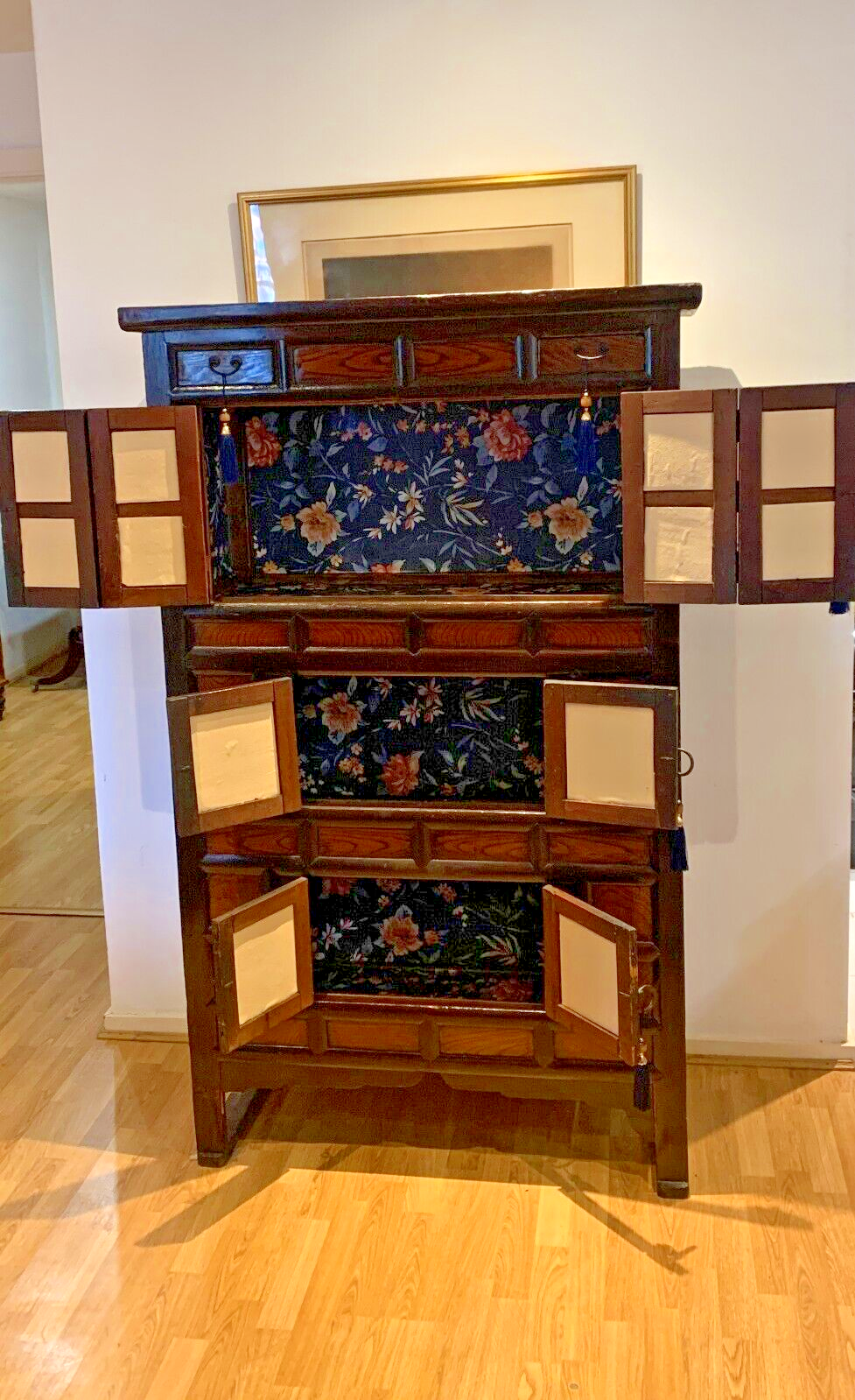 Gorgeous Vintage Korean Elm Bandaji Cabinet, Original Locks, Hanji Paper