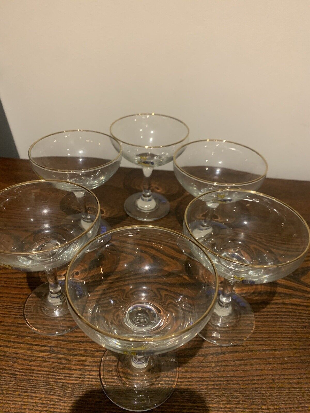 Vintage 1970's x6 Babycham Glasses Champagne Glasses with Gold Rim, Retro