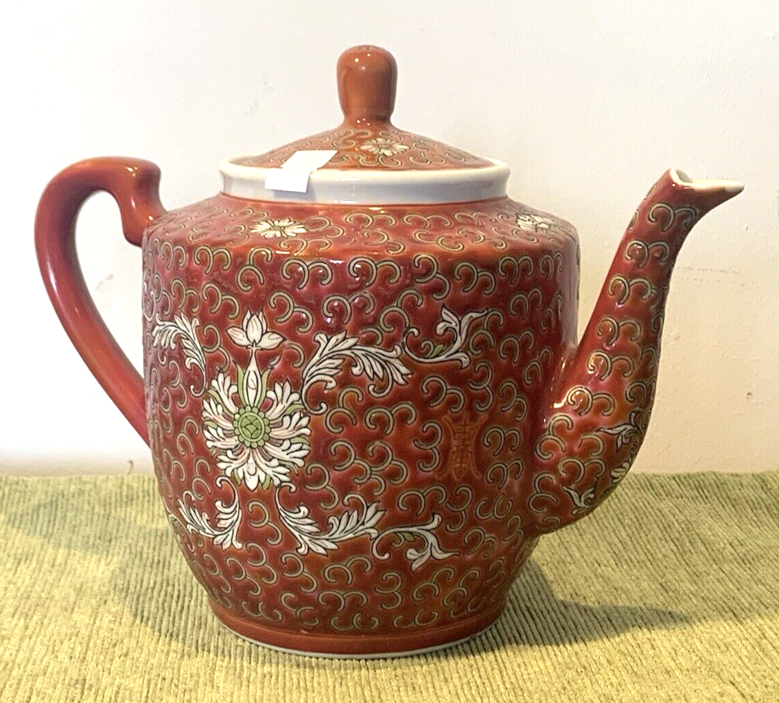 Rare Vintage Chinese Famille Rose Red  Jingdezhen Man Shou Enamelled Teapot