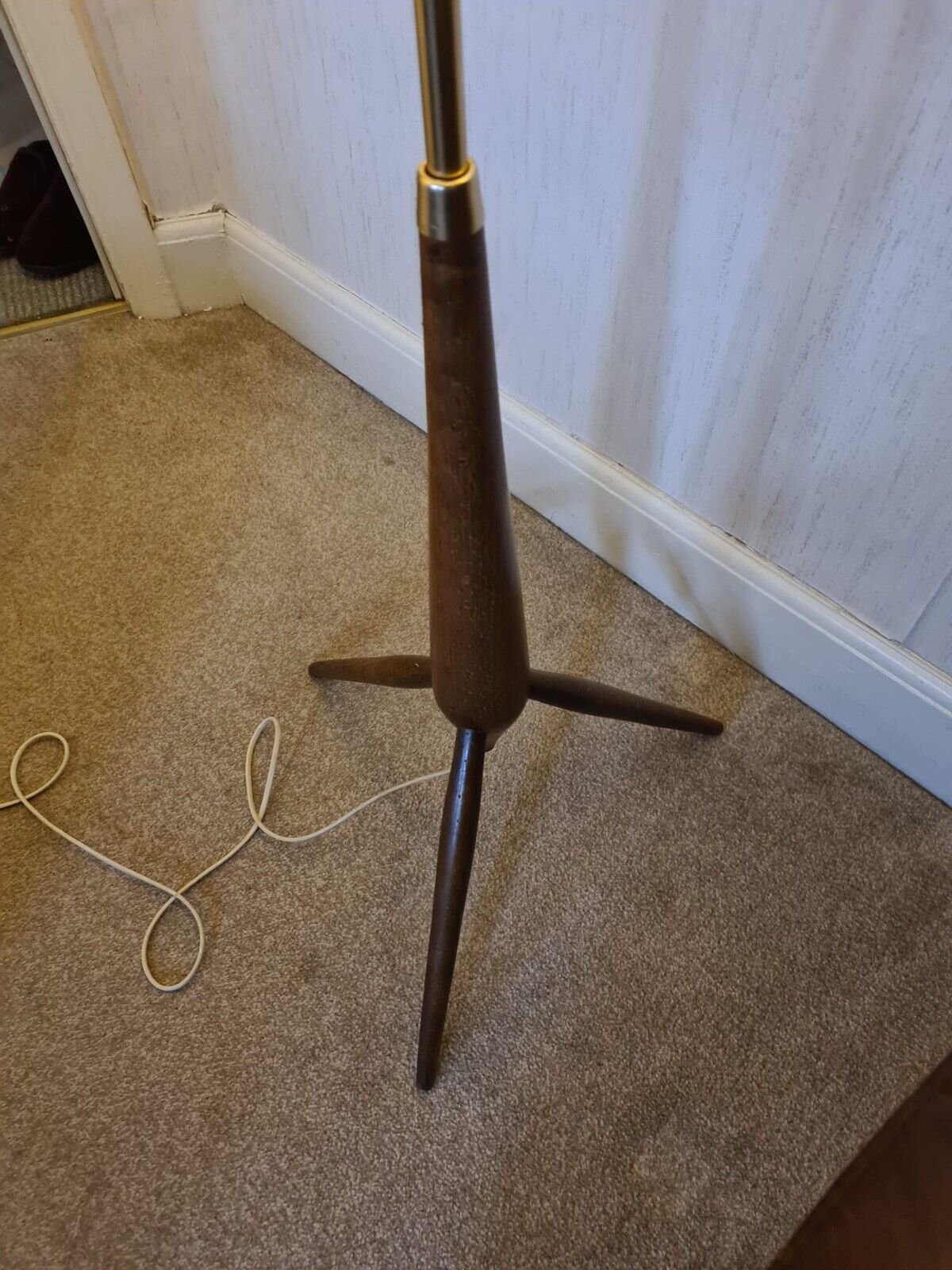 Mid Century Modern Vintage Teak & Brass Tripod Floor Lamp