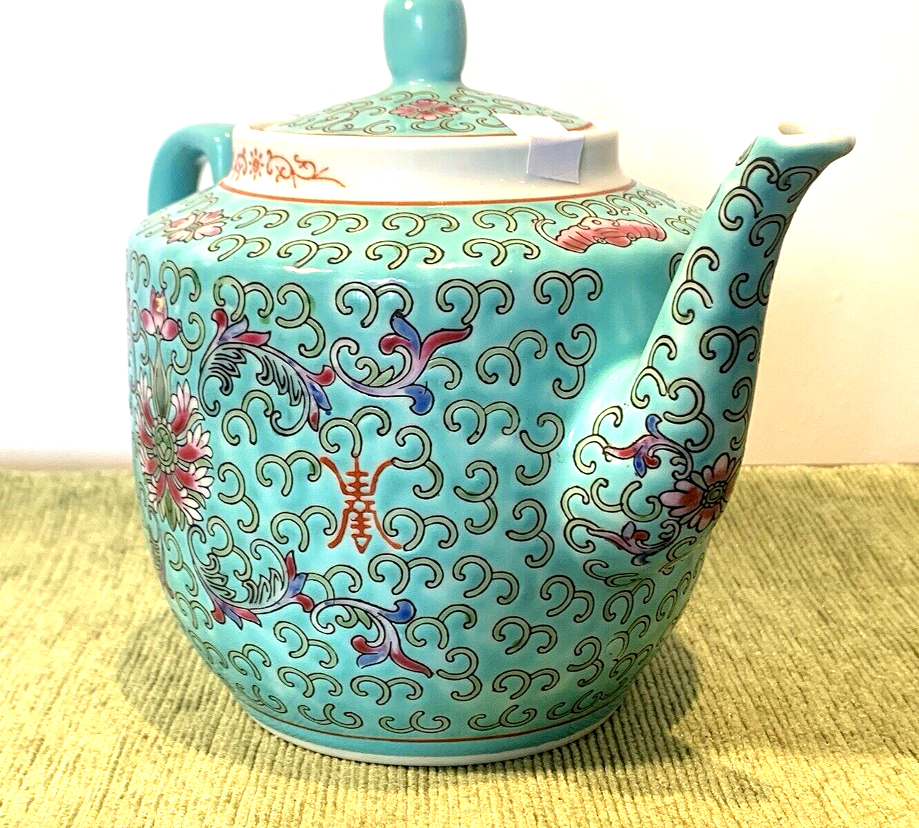 Rare Vintage Chinese Famille Rose Turquoise Jingdezhen Man Shou Enamelled Teapot