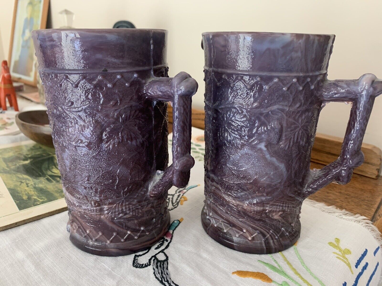 Pair of Victorian 1890's Antique Malachite/Slag Glass Jug, Purple & White