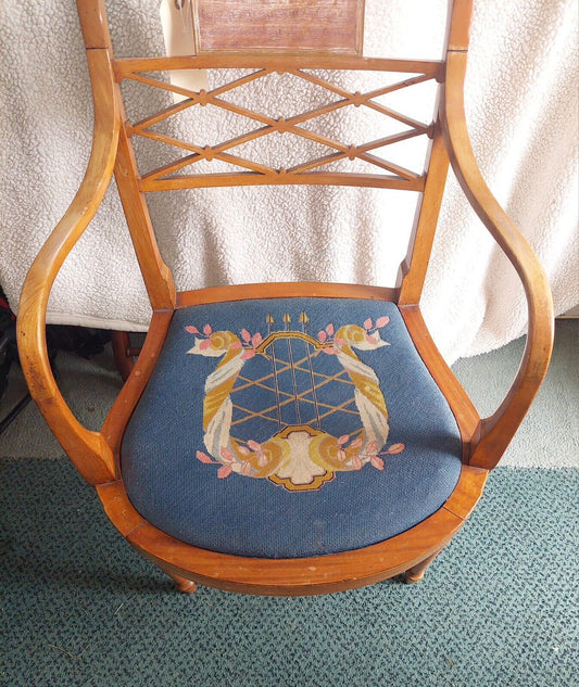 Antique Edwardian Mahogany Elbow chair, Tapestry/ Wool Seat.