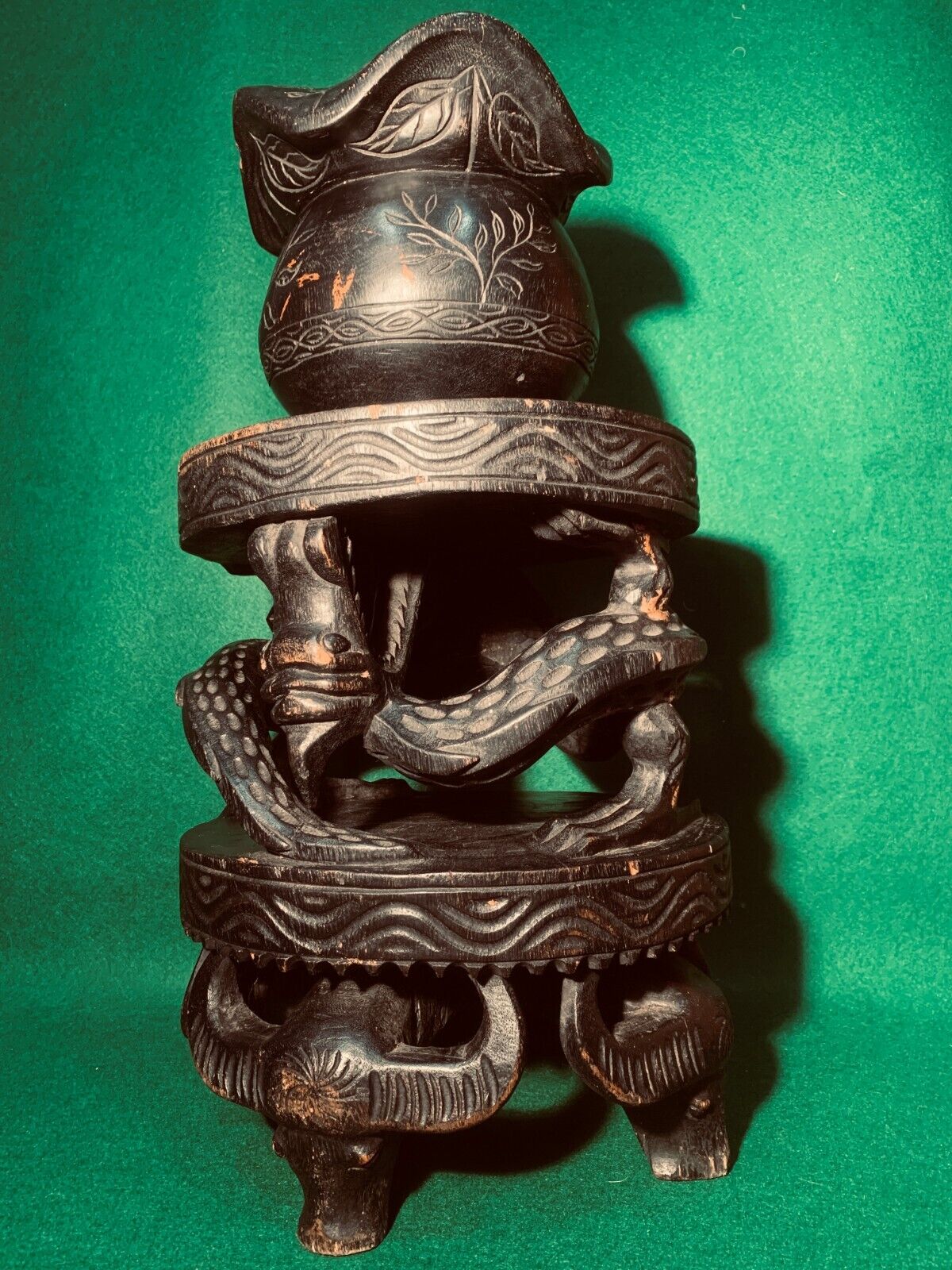 Vintage Hand Carved South East Asian Dragon and Water Buffalo Plant Stand