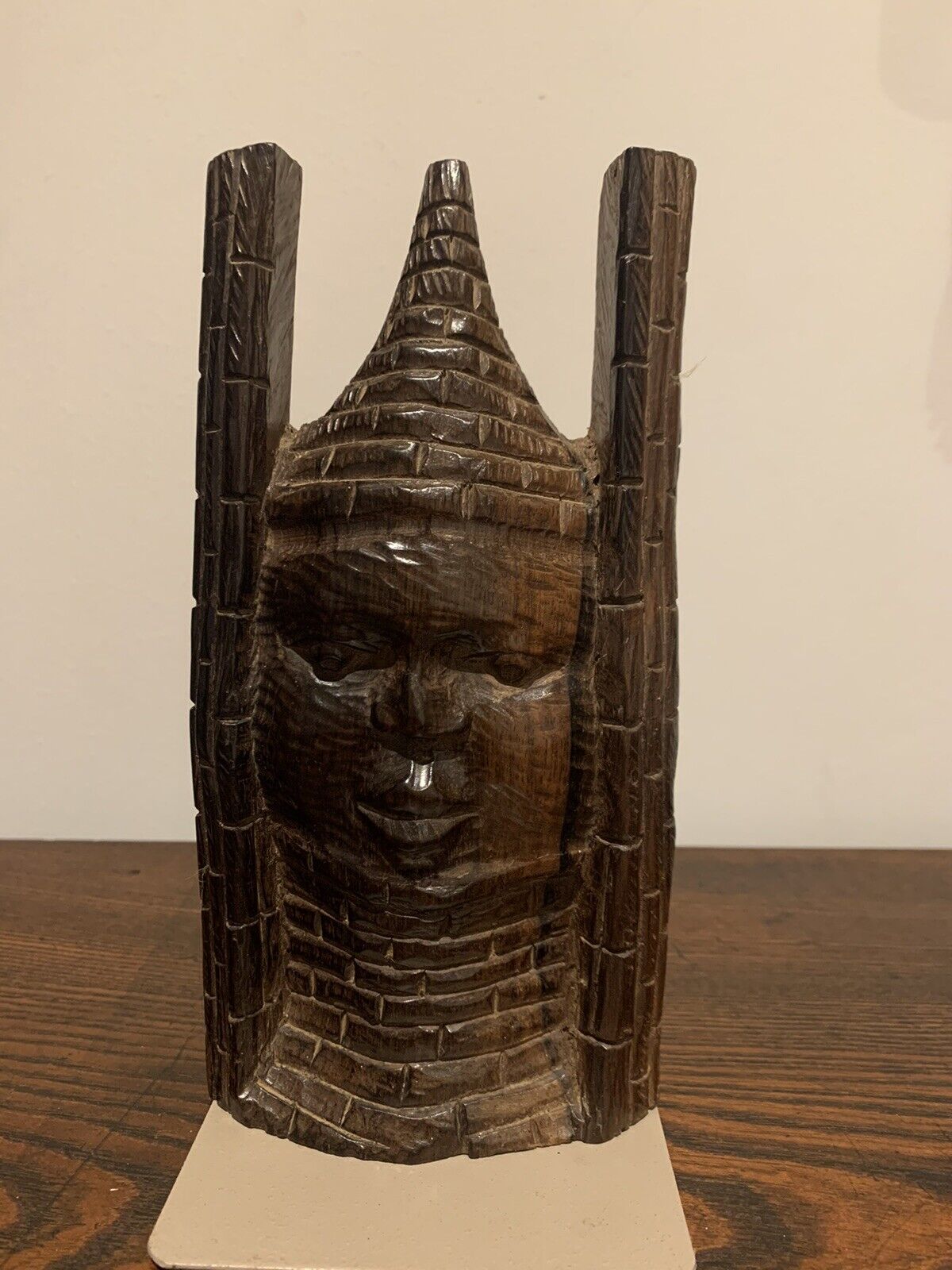 African Carved Wood, Old Benin Oba Head, Wall Hanging Sculpture