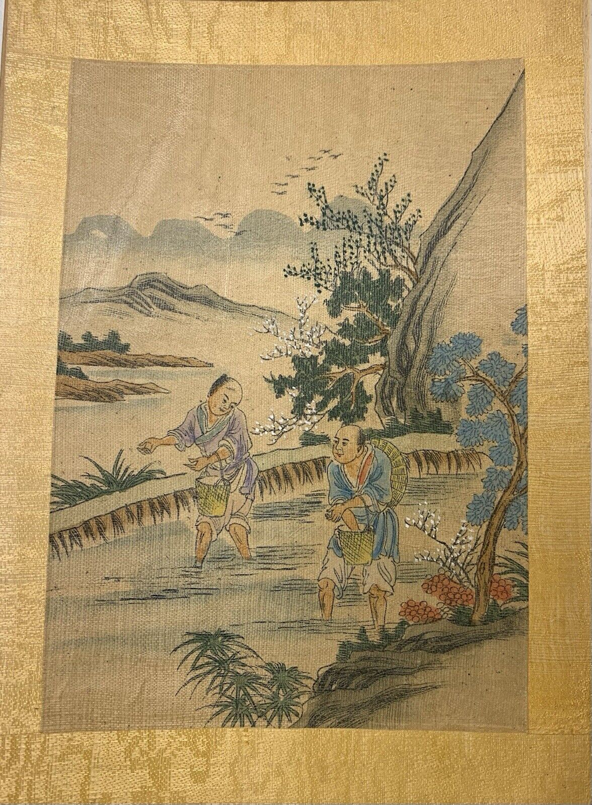 Vintage 1930 Chinese Folded Book, Hand Painted Illustrations, Wooden Cover