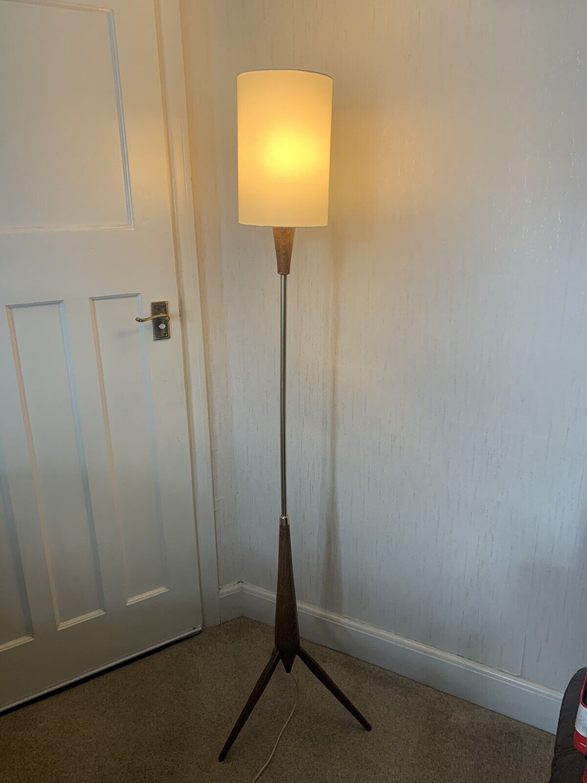 Mid Century Modern Vintage Teak & Brass Tripod Floor Lamp