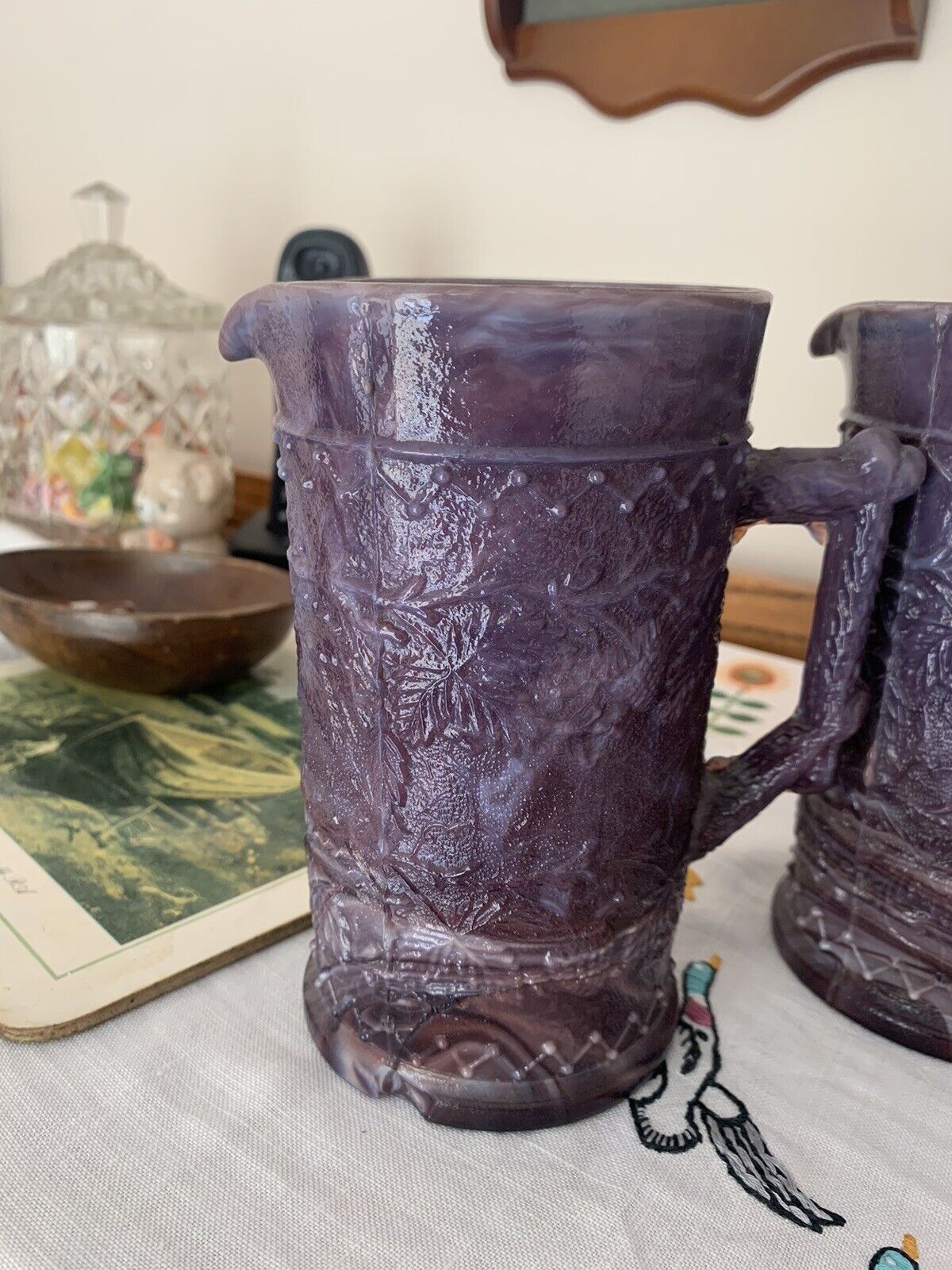 Pair of Victorian 1890's Antique Malachite/Slag Glass Jug, Purple & White