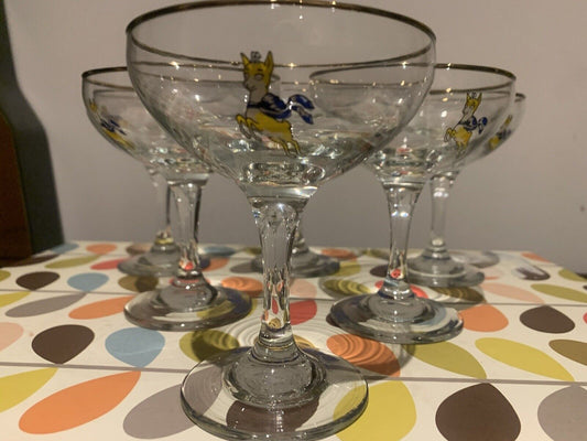 Vintage 1970's x6 Babycham Glasses Champagne Glasses with Gold Rim, Retro