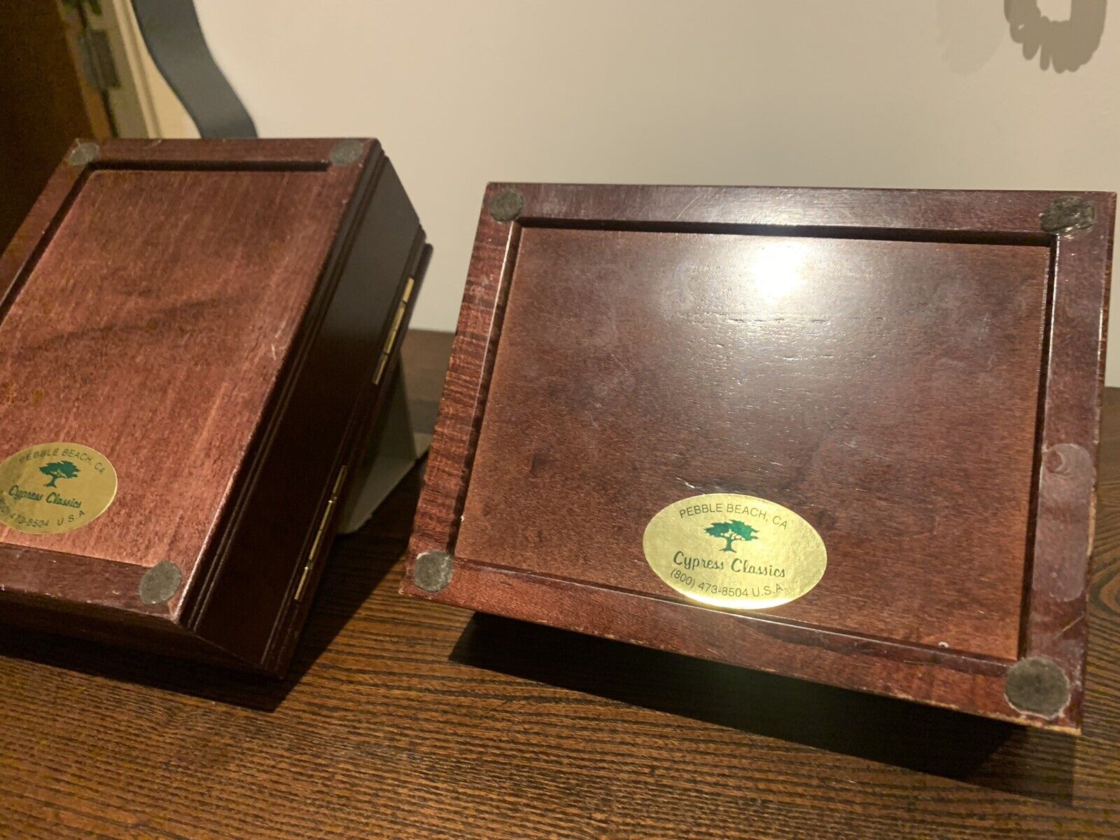 Pair of Vintage Pebble Beach Concours d'Elegance Boxes, Wood & Ceramic '95 & 96.