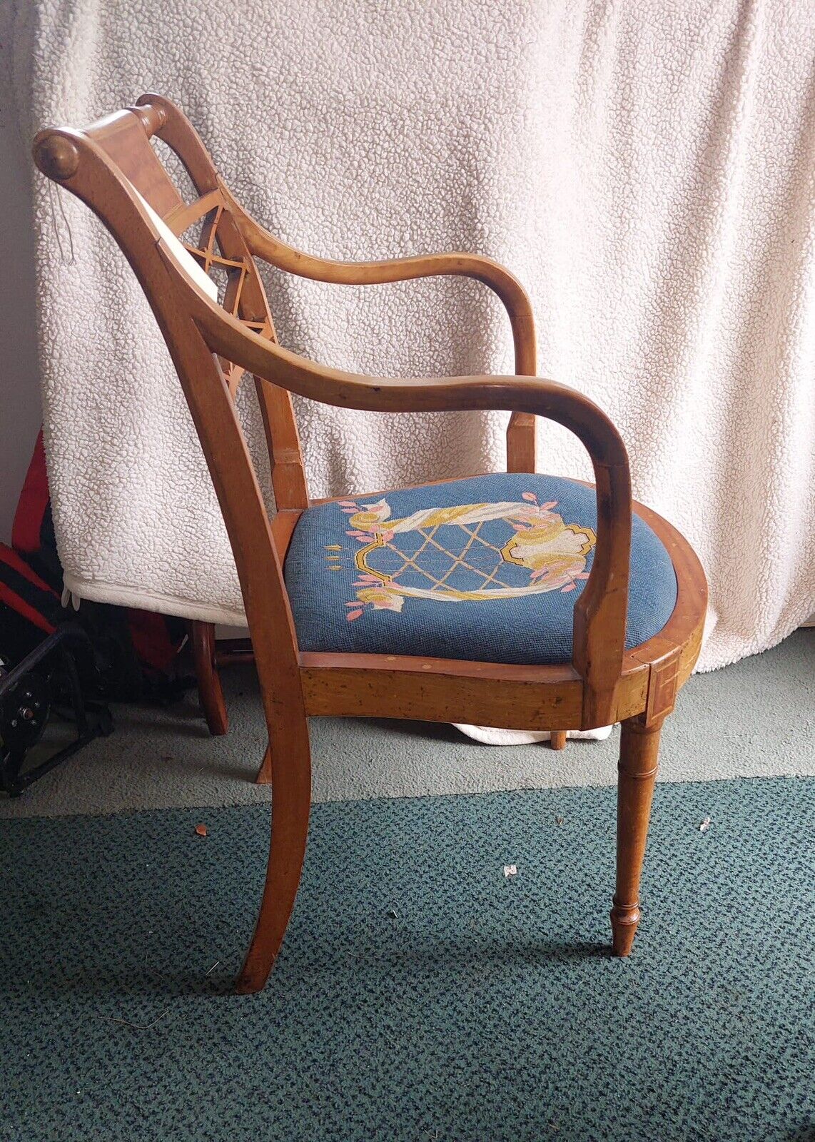 Antique Edwardian Mahogany Elbow chair, Tapestry/ Wool Seat.