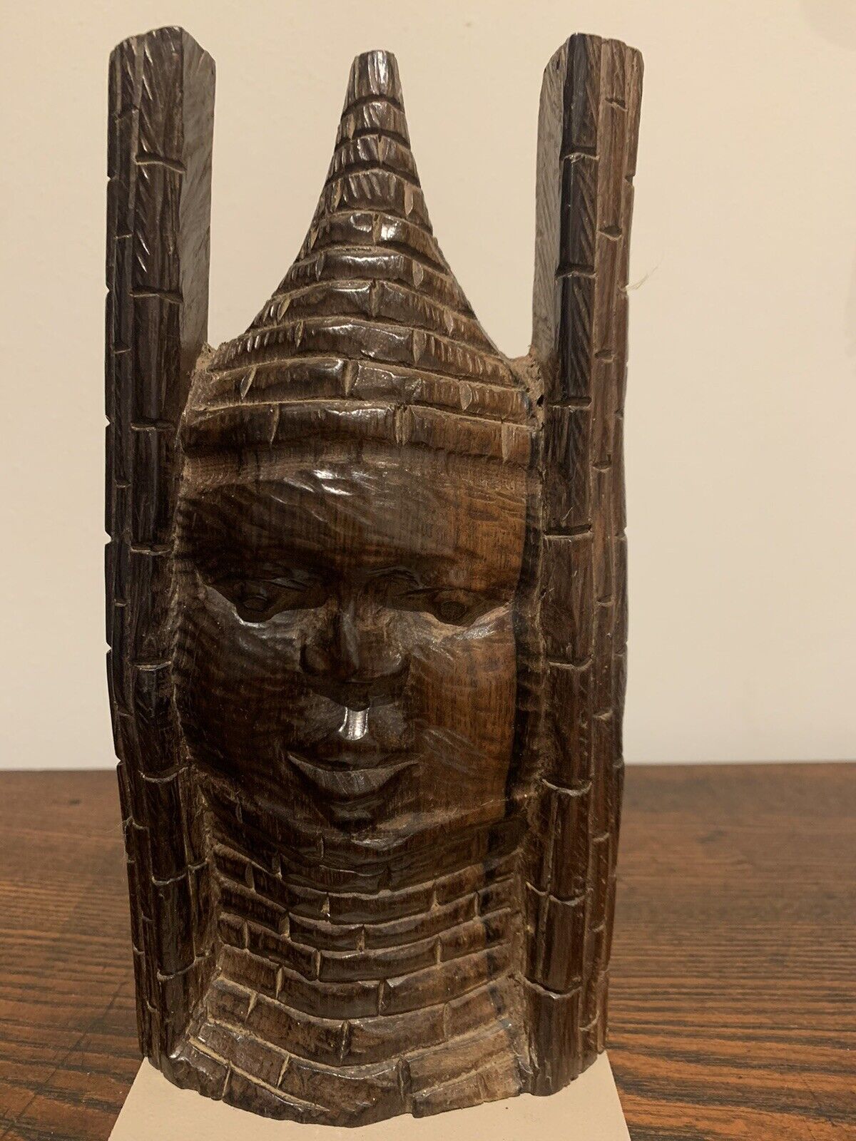 African Carved Wood, Old Benin Oba Head, Wall Hanging Sculpture