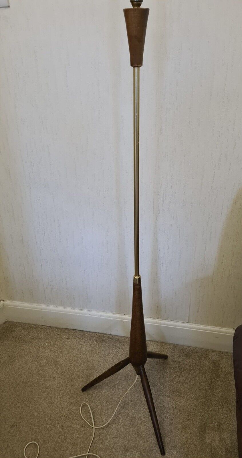 Mid Century Modern Vintage Teak & Brass Tripod Floor Lamp