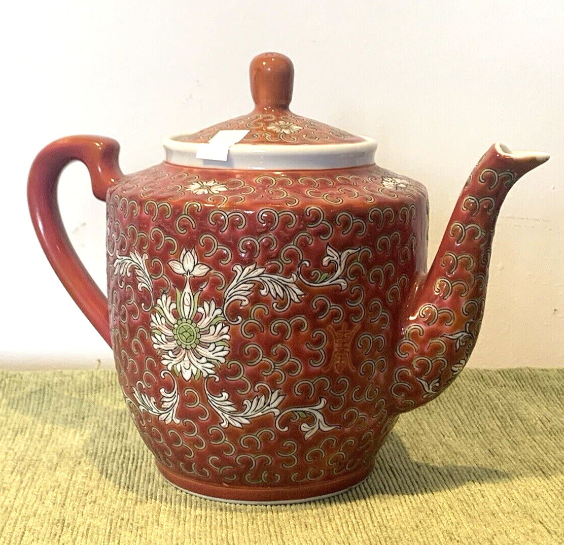 Rare Vintage Chinese Famille Rose Red  Jingdezhen Man Shou Enamelled Teapot